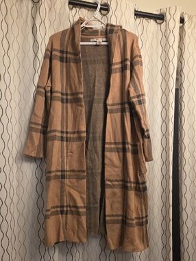 Max Studio Tan and Black Plaid Long Open Cardigan